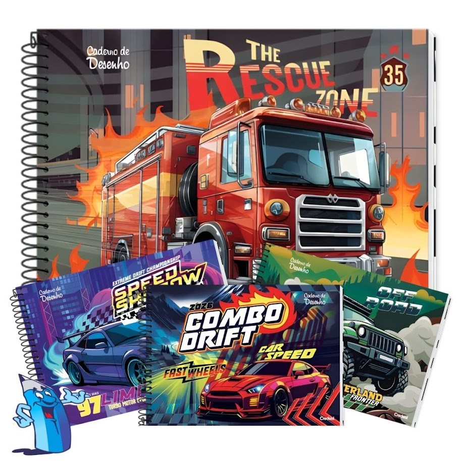 CADERNO DE DESENHO CARROS CAPA DURA 80 FOLHAS MASCULINO CREDEAL em Oferta na Shopee
