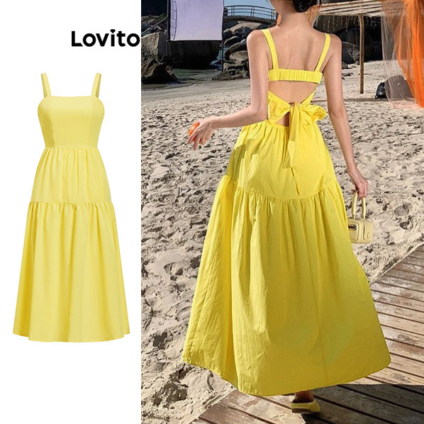 Lovito Vestido Boho Vestido Liso Com Cadarço E Recorte Para Mulheres L99ED704 em Oferta na Shopee