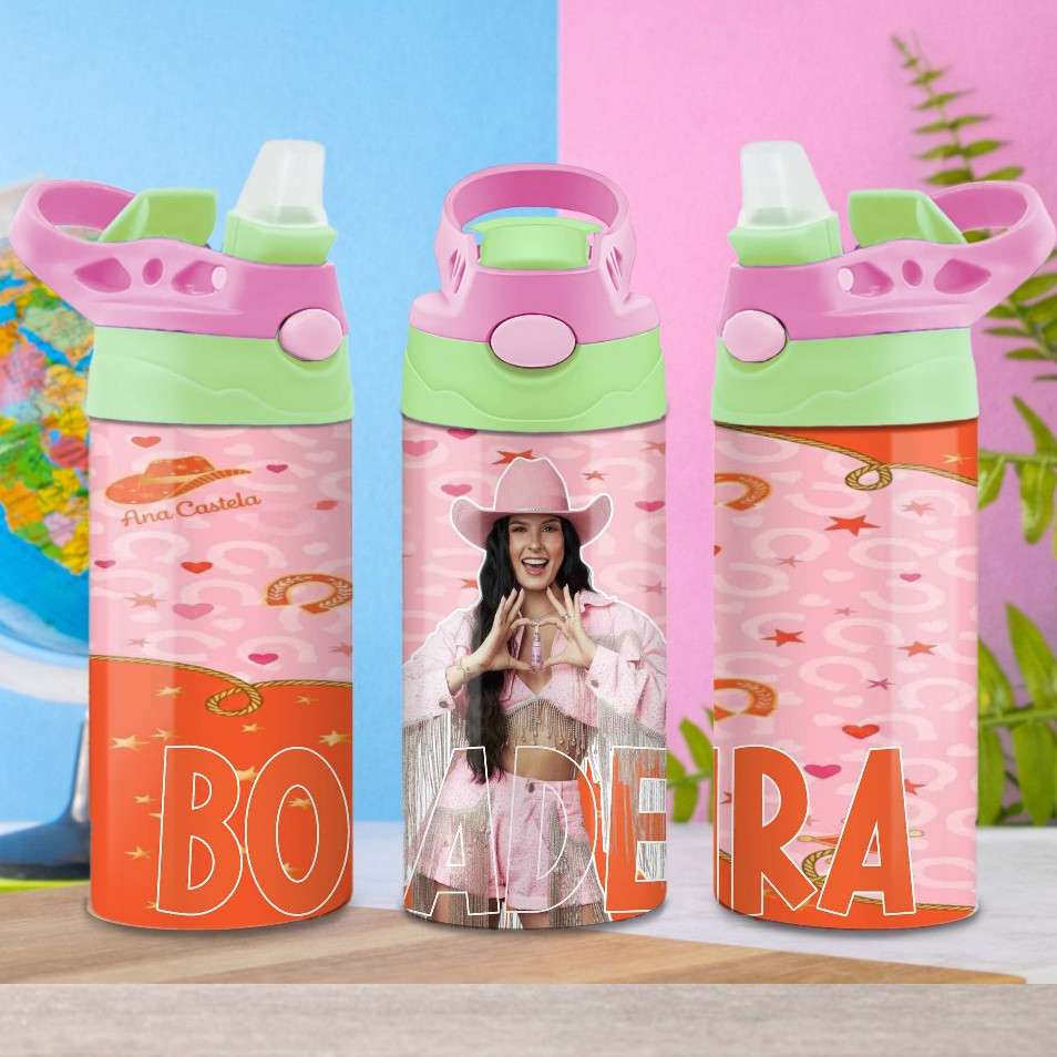 Squeeze infantil personalizado Boiadeira Ana Castela termico colorido bico retratil de silicone 600ml