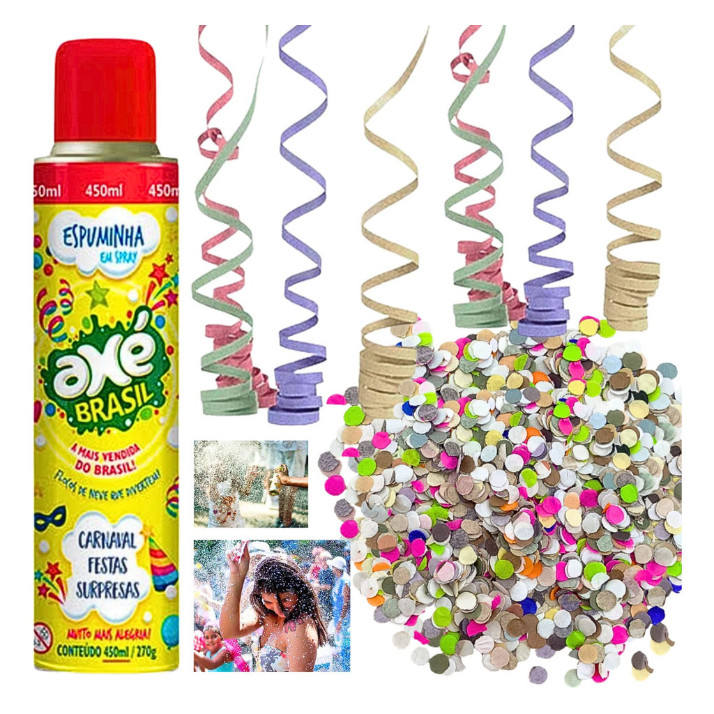 Kit Carnaval Serpentinas Confete Colorido Festa Folia Espuma