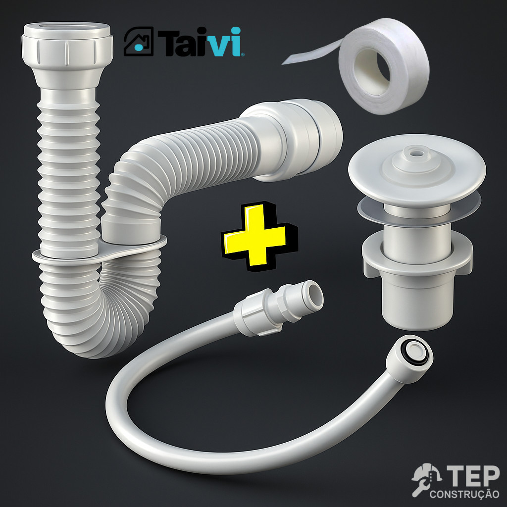 Sifao sanfonado Taivi + Válvula Lavatorio + Engate Rabicho 50cm + Fita Teflon 10m