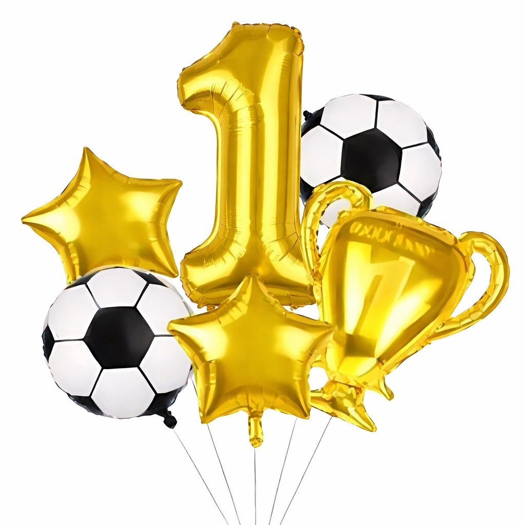 Detalhes do Kit Balões Metalizados 6 Peças Futebol Taça Estrela e 1 ou 2 Números Dourado