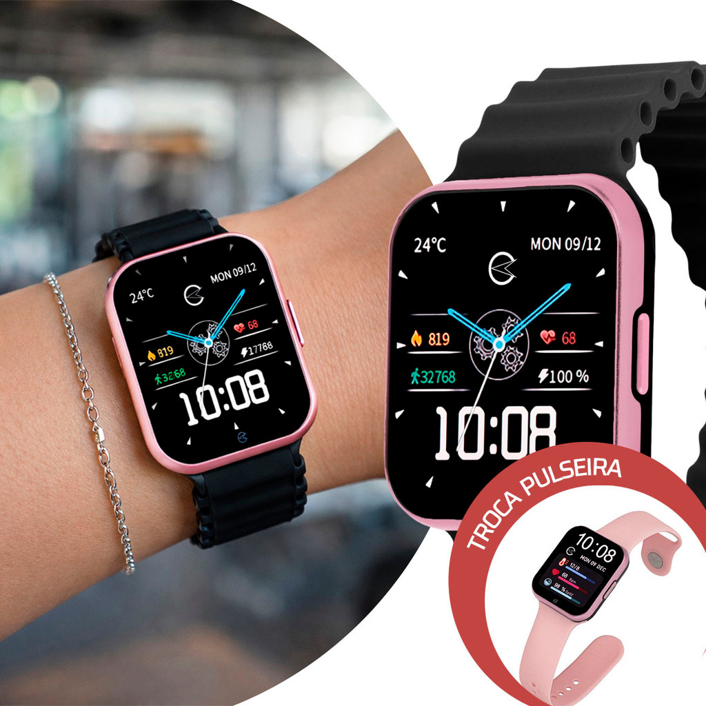 Smartwatch Relógio Inteligente Digital Feminino Kit com 2 Pulseiras de Silicone nas Cores Preto e Rosa Champion Original