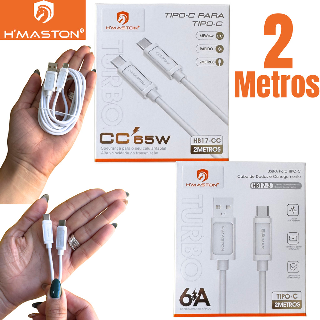 Cabo 2 Metros Tipo-C Ultra Rápido 65W/6A Resistente Tipo-C Dois Lados Todos Modelos H'maston em Oferta na Shopee