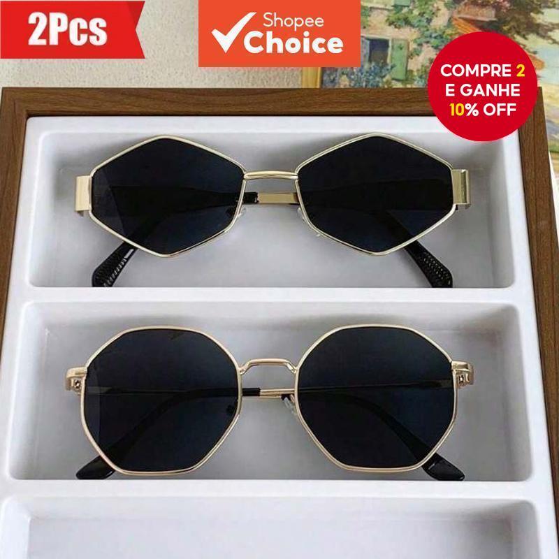  2 peças de óculos da moda para mulheres, armações de metal rombus e hexagonal, óculos Y2K, estilo retrô