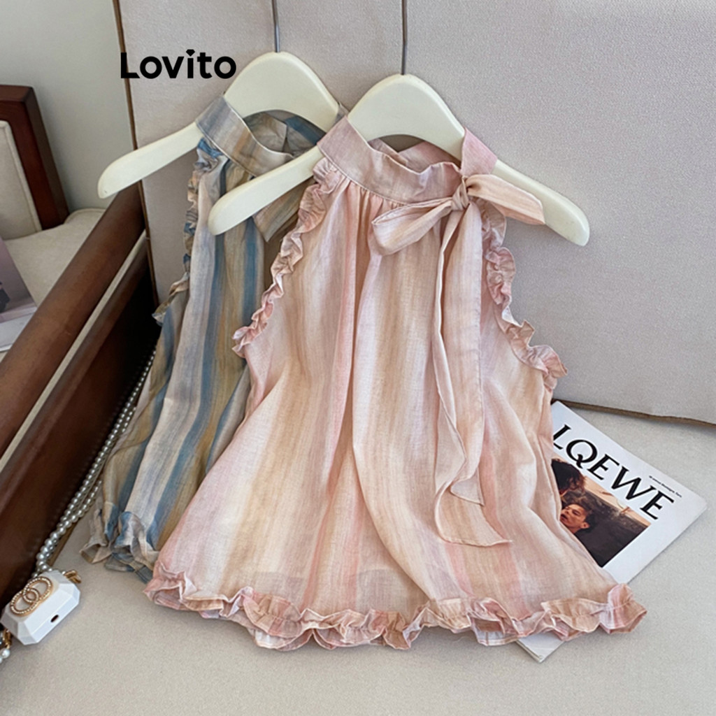 Lovito Regata Casual Listrada Com Cadarço E Acabamento Em Alface Para Mulheres LNE68252