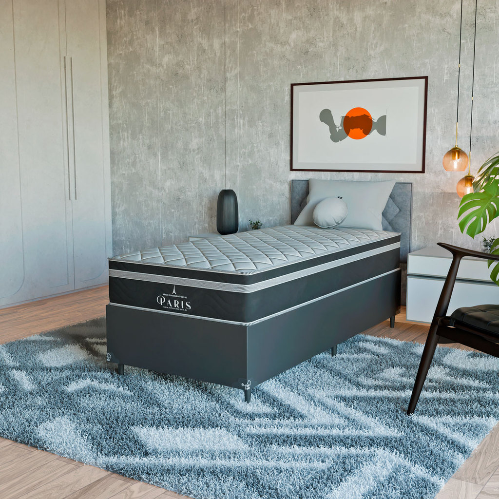 Cama Box Solteiro Couro Preto + Colchão Paris Molas Cores