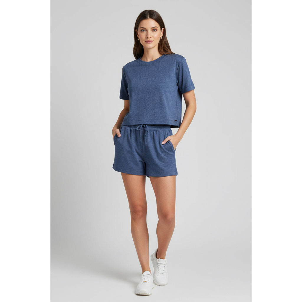 Conjunto Curto Feminino Malha Dublada Marialícia Azul Escuro — imagem 2 de 2