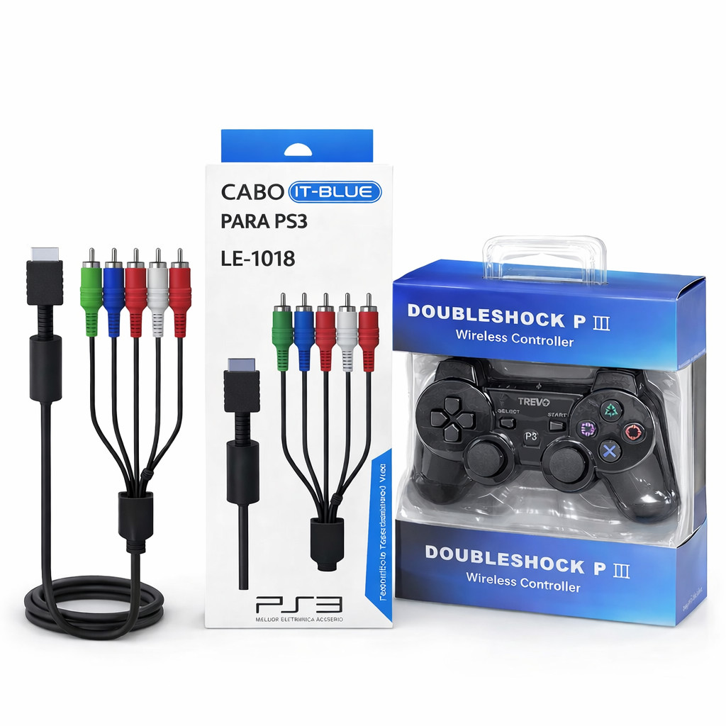 Controle Compatível Ps3 Wireless Bluetooth Preto + Cabo Componente
