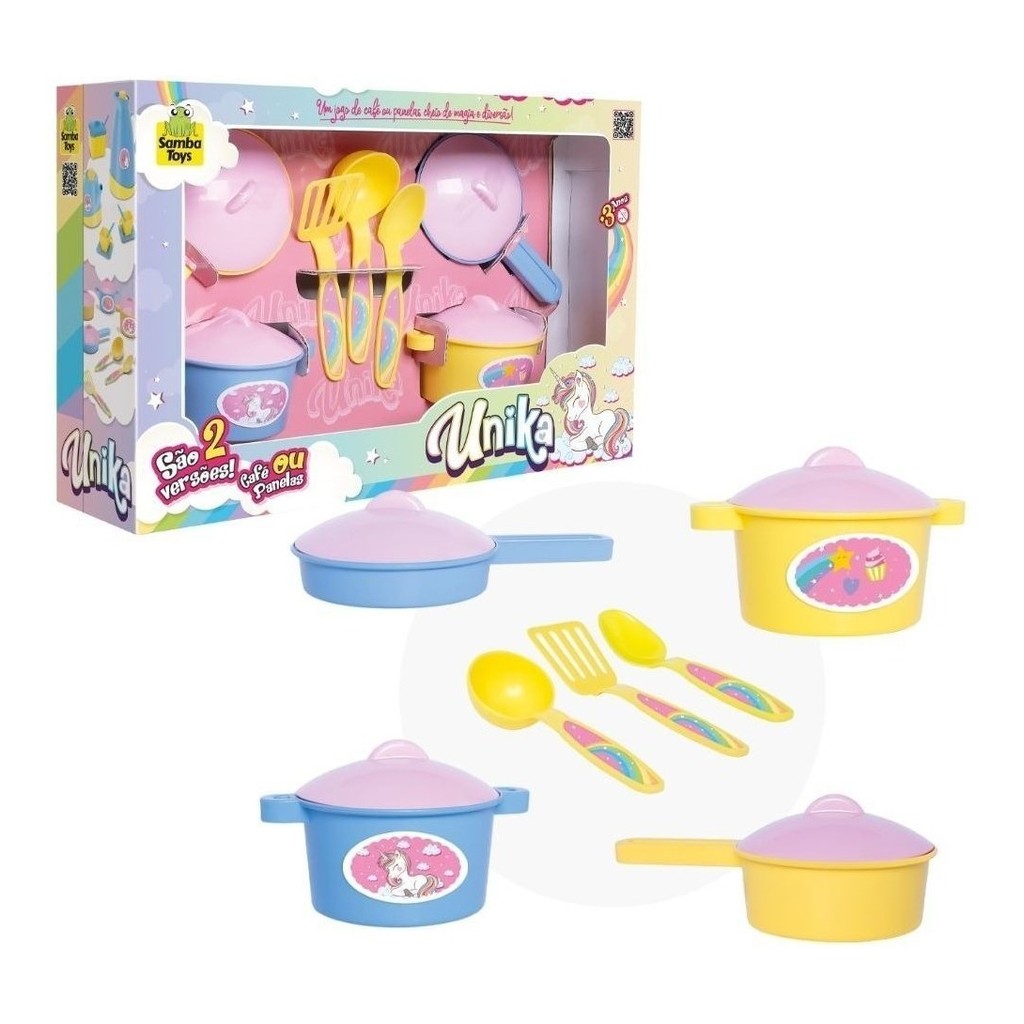 Conjunto De Panelinhas e Talheres Unicórnio Unika Com 7 Peças Faz De Conta Comidinha Brinquedo Infantil Interativo Samba
