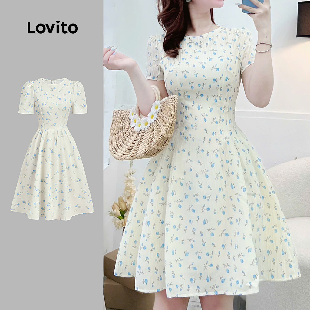 Lovito  Vestido Casual com Flores Plissado Zíper Primavera/verão para Mulheres L172ED762