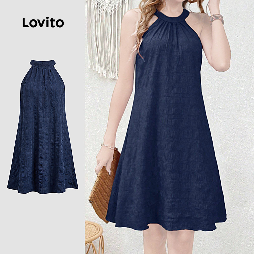 Vestido A-Hem Textura Halter Neck Sem Mangas-DRB149P1D335 em Oferta na Shopee