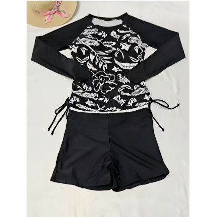 Conjunto Biquíni Manga Longa Com Shorts Proteção UV Moda Praia Feminino Roupa de Banho Estampado Floral BX-7104