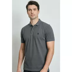 Polo Piquet Lisa Com Botão Polo Wear Cinza Escuro
