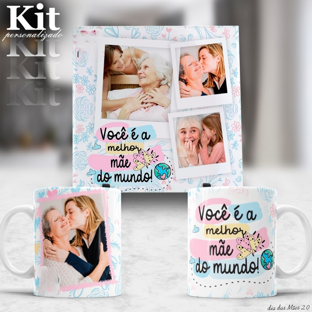 Kit  Mãe Azulejo Quadro Decorativo e Caneca de Porcelana Personalizado com a foto