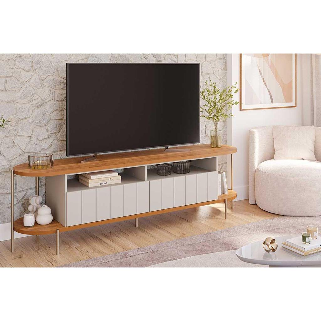 Rack Bancada p/ TV até 70 Pol Mônaco 2.0 Ripado c/ 1 Porta e 1 Gaveta 204cm Cinamomo/Off White - Permóbili em Oferta na Shopee