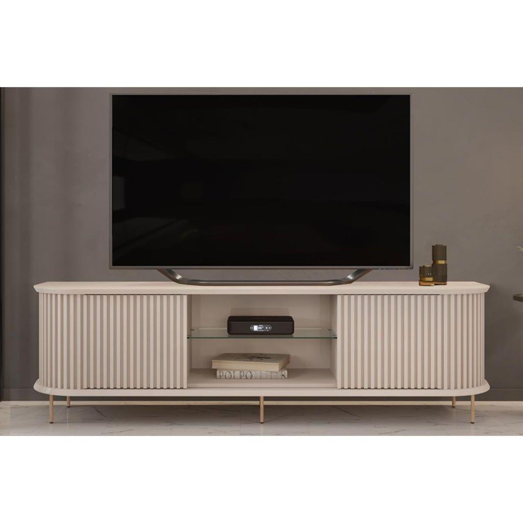 Rack Bancada p/TV até 75 Pol Atlas 100% MDF c/ Ripado e Pés 218x62cm Off White - DJ Móveis em Oferta na Shopee