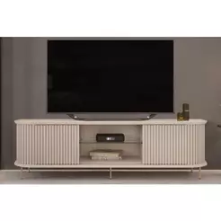 Rack Bancada p/TV até 75 Pol Atlas 100% MDF c/ Ripado e Pés 218x62cm Off White - DJ Móveis