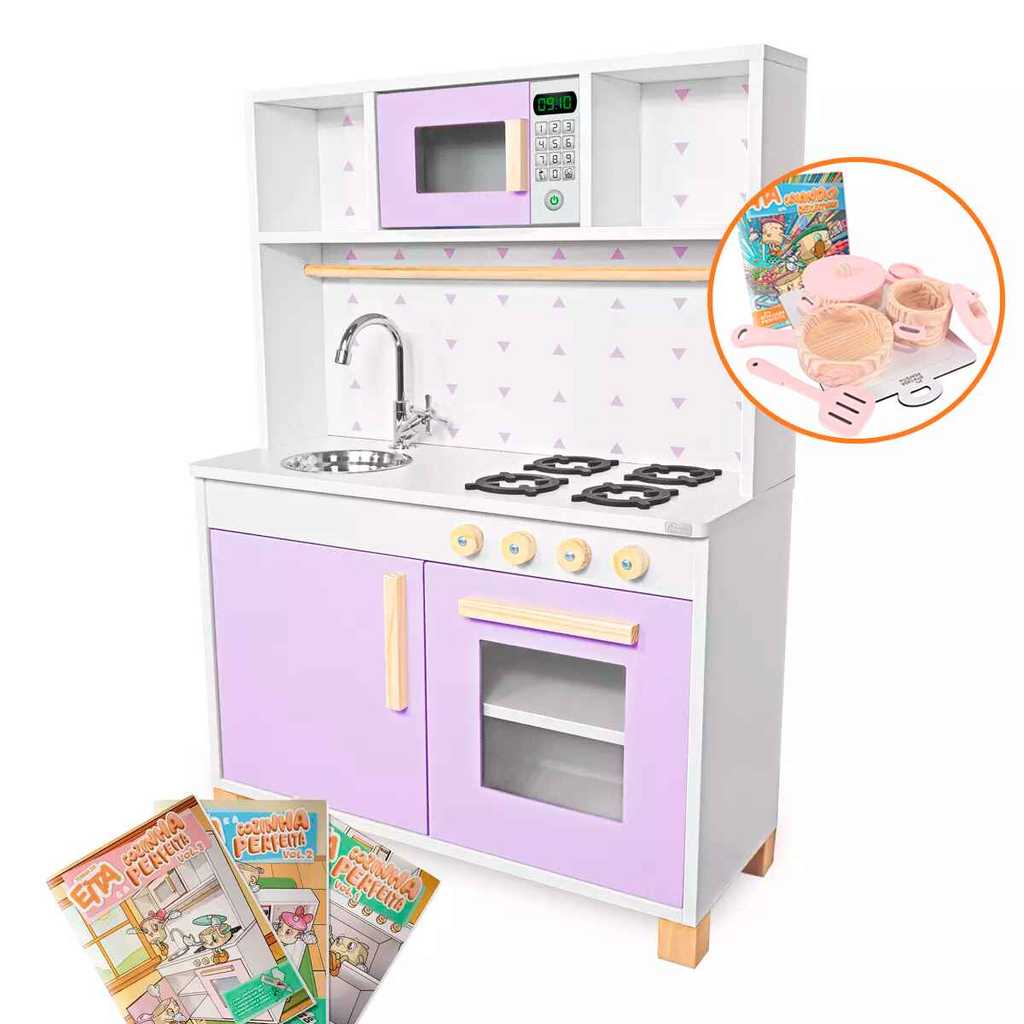 Imagem Cozinha Infantil Panelinhas Brinquedo Madeira Rosa Bebê Pedagógico Faz de Conta Chef Montessori Kit Livro Educativo