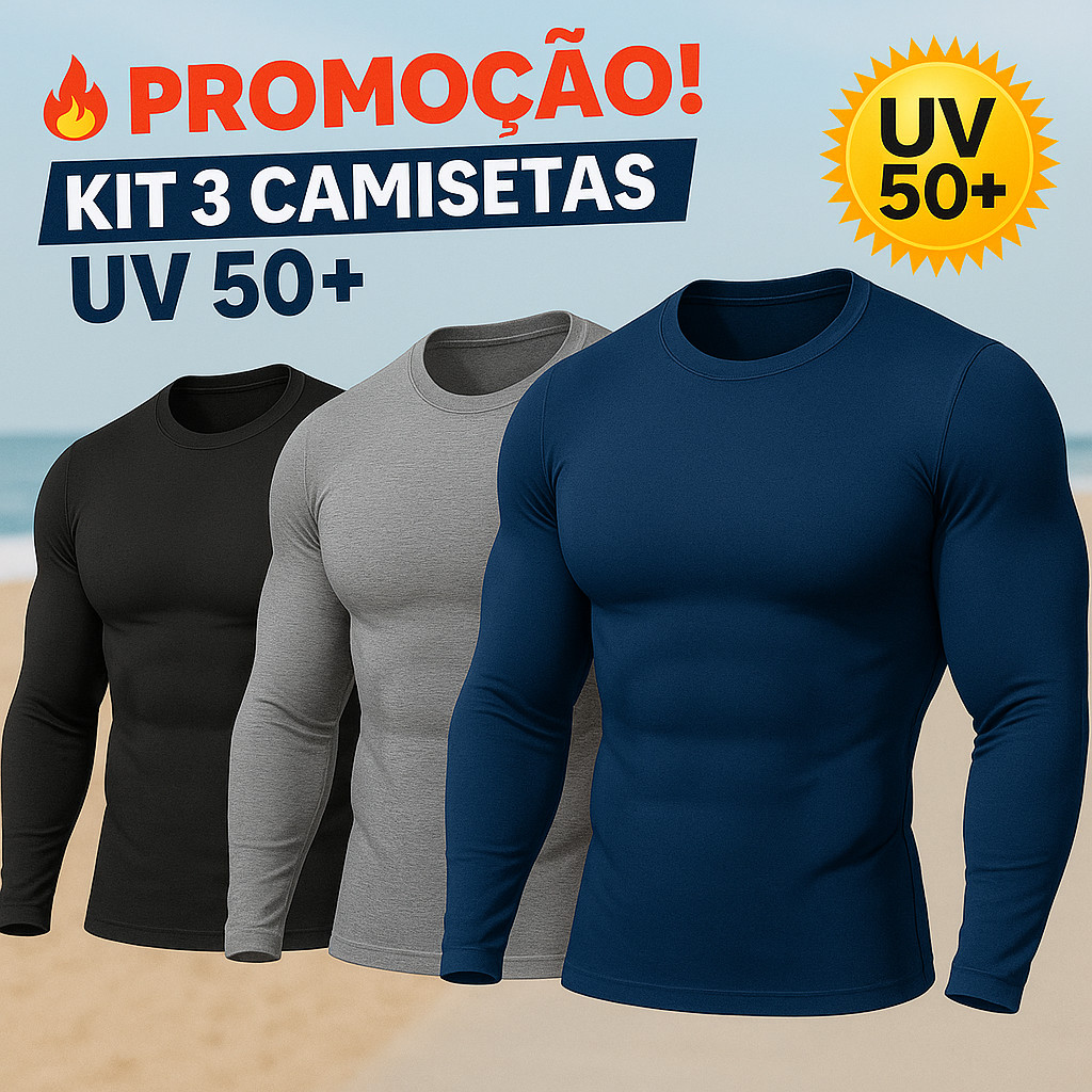 3 Camisetas Masculinas Térmica Segunda Pele com Proteção UV Tecido Gelado Contra o Verão Camiseta UV 50+