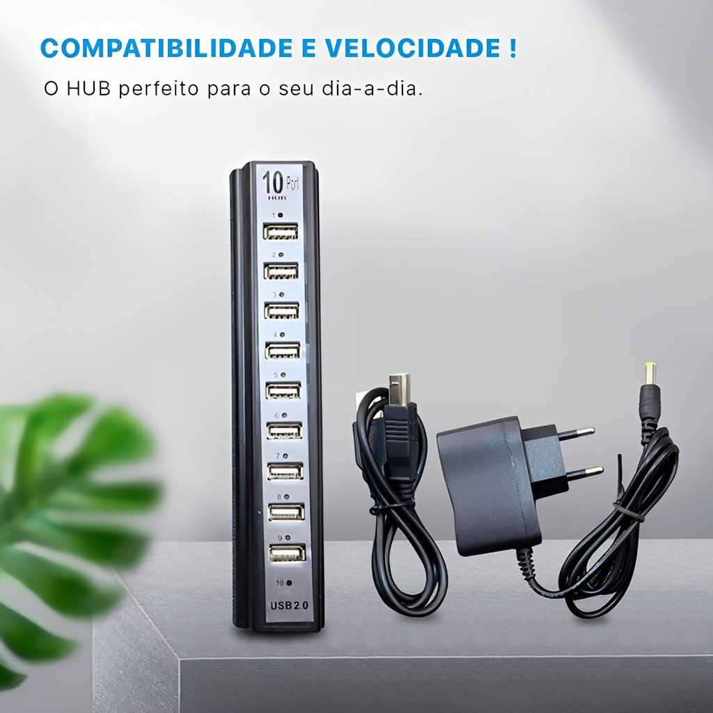 Hub com 10 Portas Usb 2.0 Com Fonte Proteção contra Sobrecorrente Alta Velocidade 480 Mbps