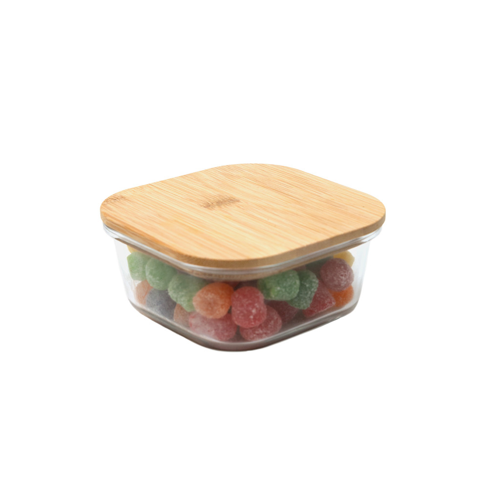 Pote de vidro 550ml com tampa de bambu hermético quadrado - Tud