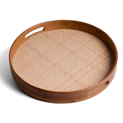 Bandeja redonda de bambu 35cm com alça palha xadrez multiuso - Oikos