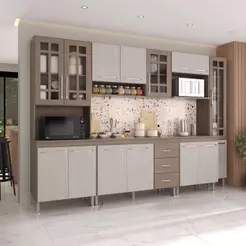 Cozinha Modulada Completa Fidelitá Paris 6 Peças 295cm 15 Portas 3 Gavetas Com Tampo Nogal/Salinas