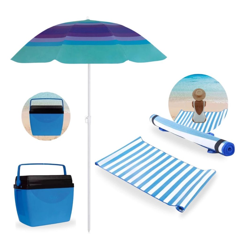 Kit Praia Caixa Térmica Cooler 26 L Piscina + Guarda Sol Fps 70 1,50 M + Esteira de Praia Rolo 1,80m