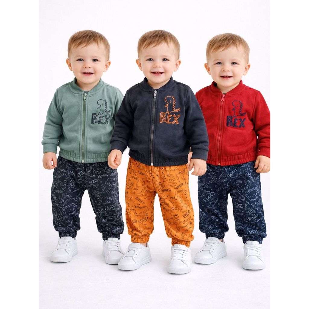 Conjunto Moletom Peluciado Infantil Menino Dinossauro Infantil Bebê Jaqueta com Zíper e Calça Estampada - Roupa de Frio