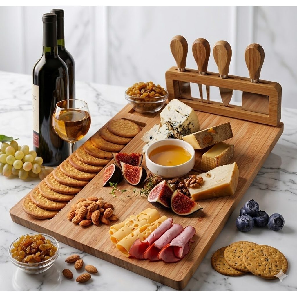 Kit Tábua De Frios Queijo Petisqueira Em Bambu Espátulas 04 Peças Servir Petiscos Frios e Vinho