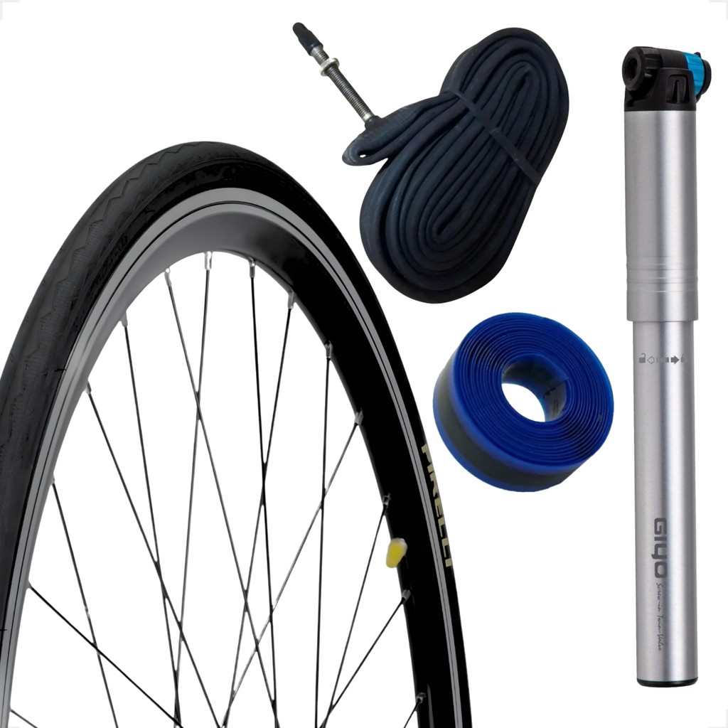 Pneu Bicicleta Pirelli Tornado Alfa 700 25 Camara Bico fino 60mm Bombinha Giyo 120psi fita antifuro