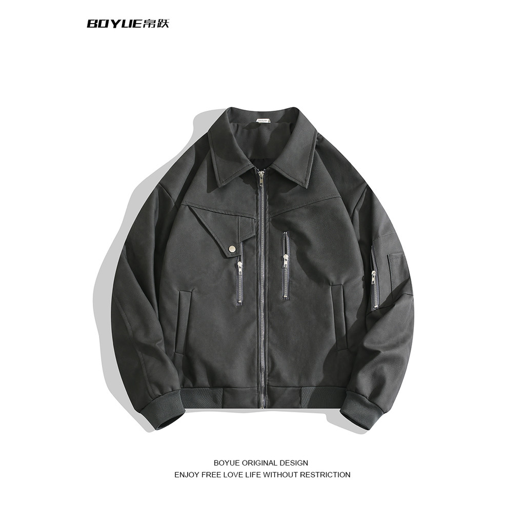 BOYUE BOYUE Jaqueta de couro com zíper duplo estilo americano na moda retrô vibe Puffian bonito jaqueta de alta qualidad