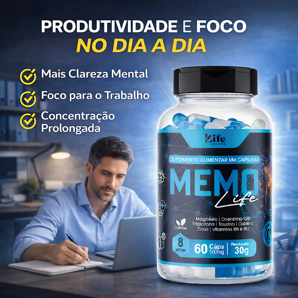 Memo Life 60 Cápsulas – Memória, Energia, Clareza Mental, Concentração, Disposição - Envio Imediato