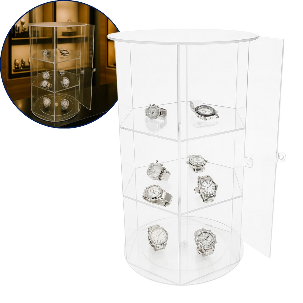 Expositor Carrossel Giratório Relógios Acrílico Cristal 3 Andares Porta Trava Semi Joias Balcão em Oferta na Shopee