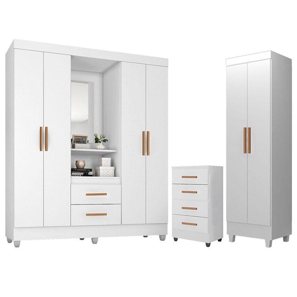 Guarda Roupa Casal Capela Com Cômoda 4 Gavetas E Armário Multiuso Lite Branco Brilho - Móveis Leão