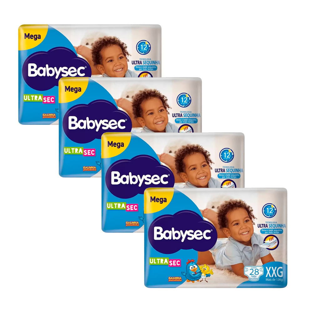 Kit 4 Fralda Babysec Ultrasec Tamanho XXG Pacote Mega 28 Unidades Descartáveis