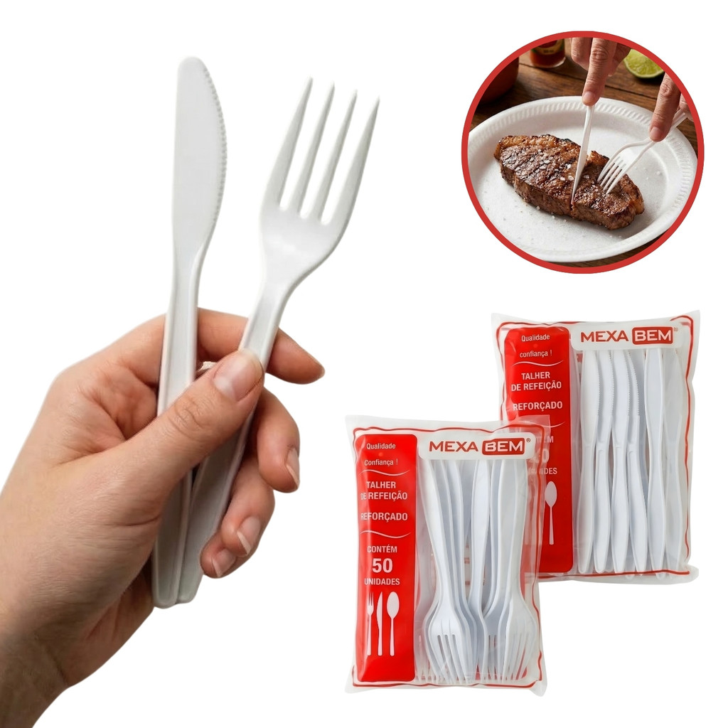 Kit Talher Descartável Garfo e Faca Reforçado 100un para Festa e Eventos - Branco em Oferta na Shopee