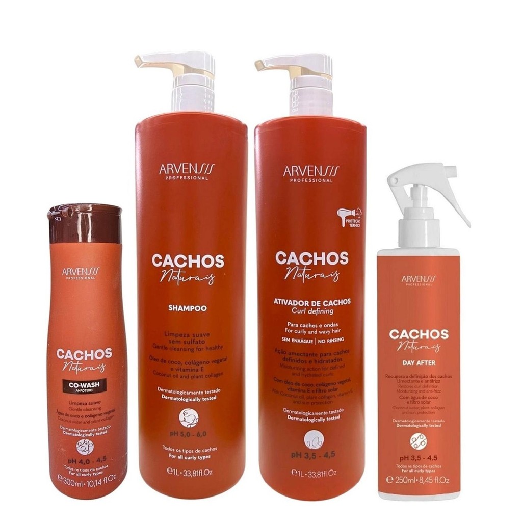 Kit Arvensis Cachos Naturais - Shampoo 1L + Ativador De Cachos 1L + Co-Wash 300ml + Day After 250ml