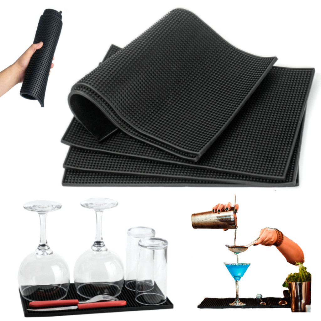 Tapetes grandes de PVC (45x30 cm ou 30x15 cm) com canais de drenagem são perfeitos para acomodar taças de vinho.