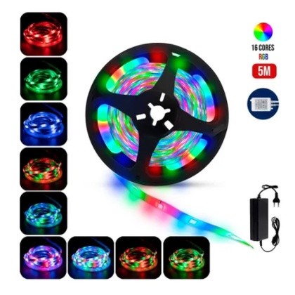 Fita LED RGB 5m 16 Cores com Fonte Luz Ambiente Decoração Quarto Escritório Colorida