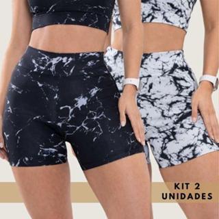 Kit 2 Shorts Meia Coxa Feminino Marmorizado Fitness Academia Rajado Tie Dye Tendência Blogueira em Oferta na Shopee