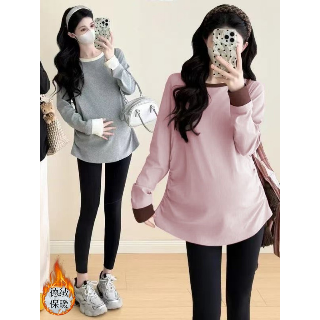 Roupa de maternidade outono inverno alemão veludo quente interior topo feminino solto mais magro olhar All-Match Casual 