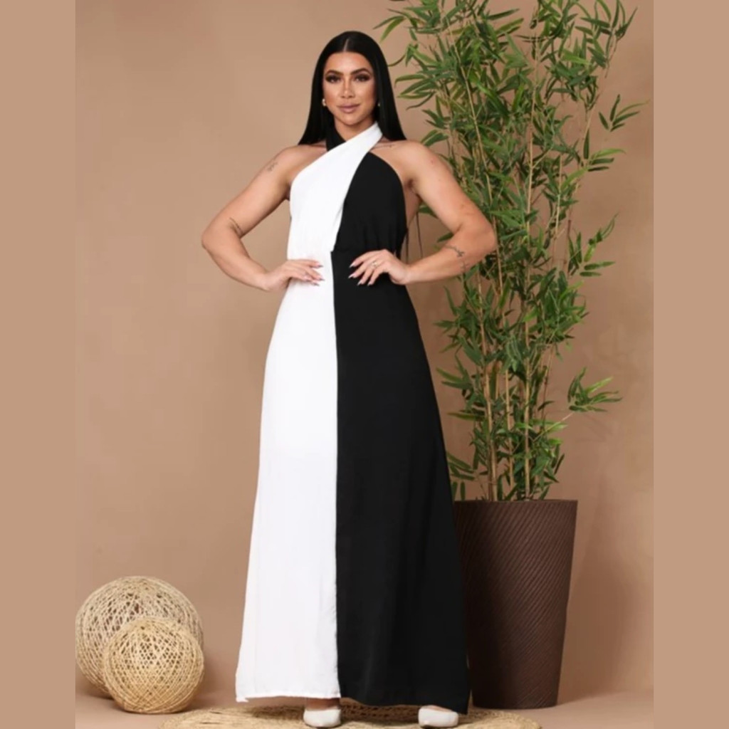 Vestido Longo Duna Bicolor Preto E Branco Amarração Festa em Oferta na Shopee