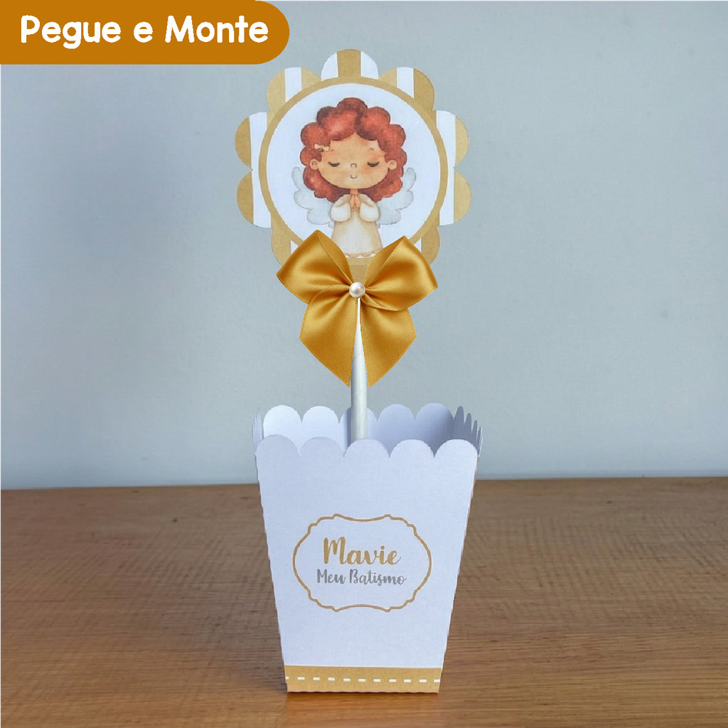 Centro de Mesa Cachepô Batizado Dourado Batismo Menina | Cachepot | Personalizados | Lembrancinhas | (Pegue e Monte)