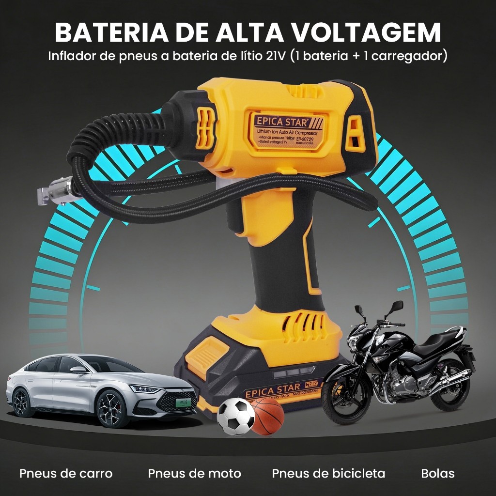 Detalhes do Compressor de Ar a Bateria EPICA STAR 21V (1 Bateria + 1 Carregador), Portátil com Display Digital para Pneus de Carro
