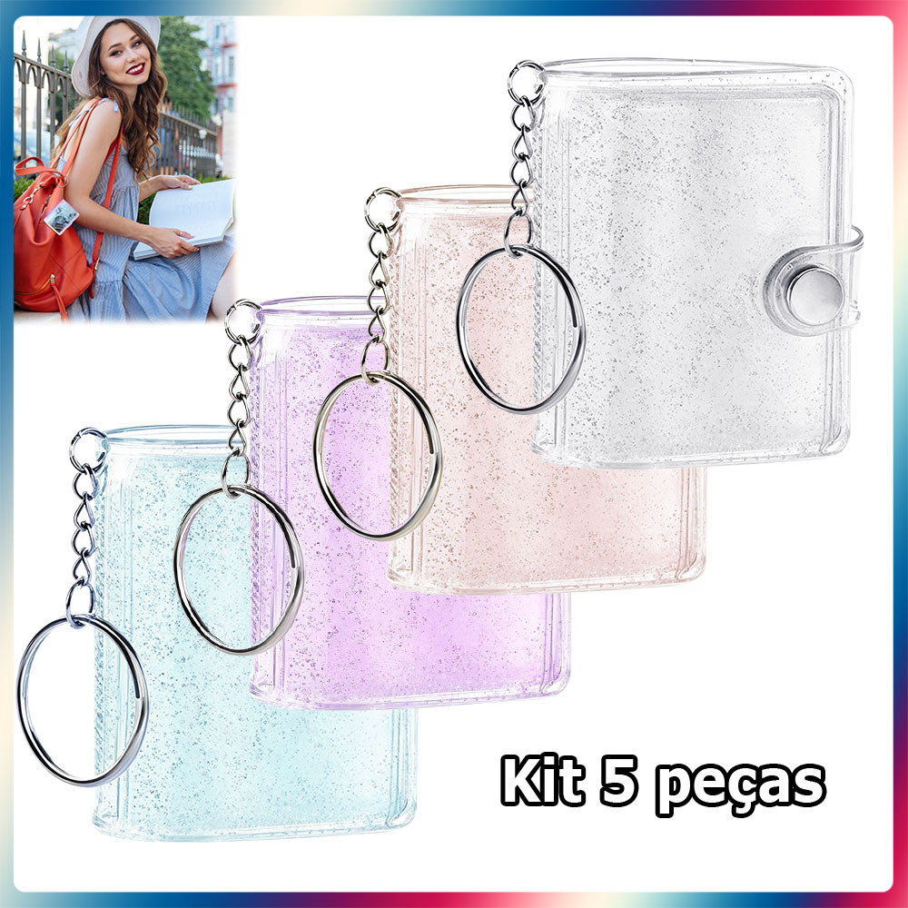 Kit 5 Álbum de fotos Chaveiro Mini armazenamento de fotos Álbum com 16 compartimentos para cartões de fotos