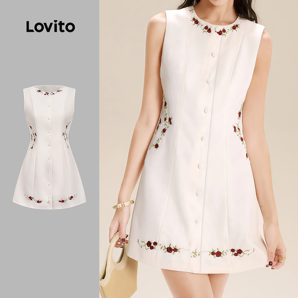 Lovito Vestido Casual com botão frontal primavera/verão vestido branco para mulheres LK3ED1648 em Oferta na Shopee