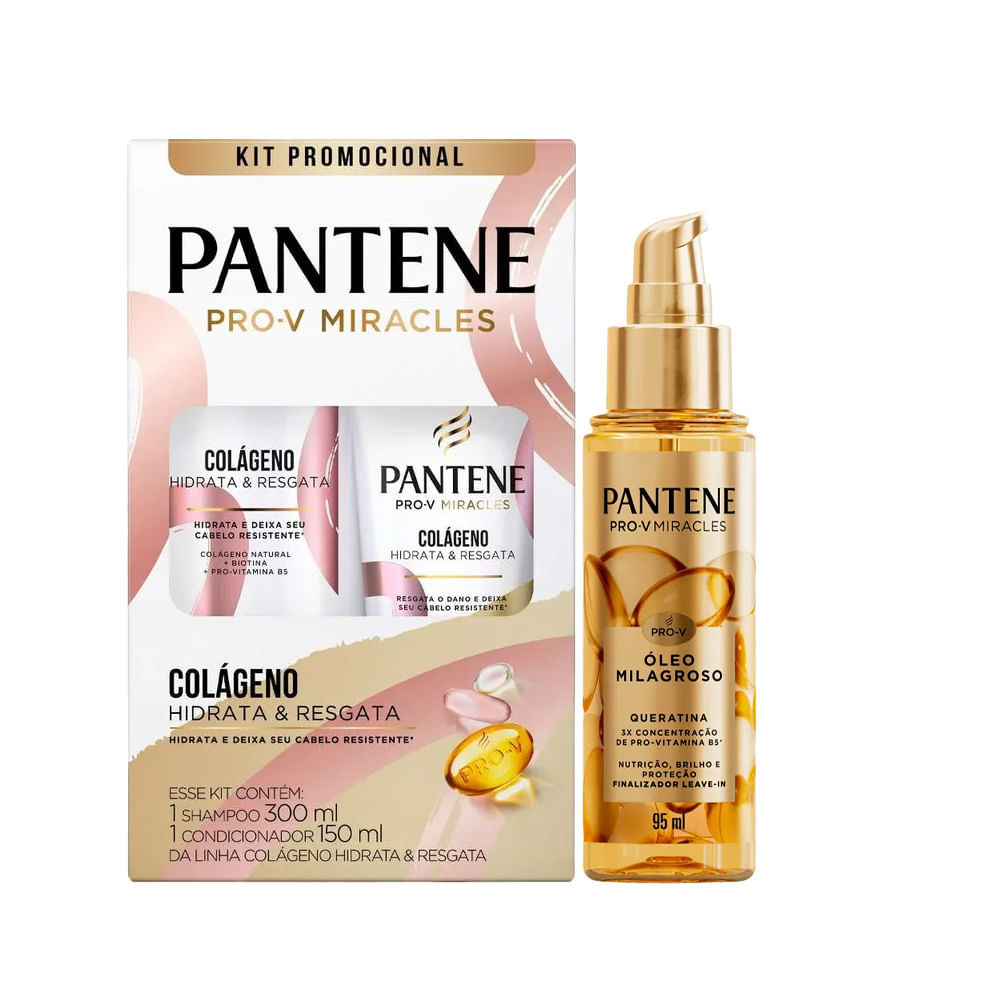 Kit Pantene Hidratação Shampoo 350ml + Condicionador 175ml + Óleo Milagroso Queratina 95ml