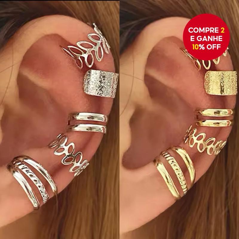 Conjunto de 5 brincos de pressão em forma de C, design vazado de folhas - sem necessidade de furo na orelha, elegante e em Oferta na Shopee